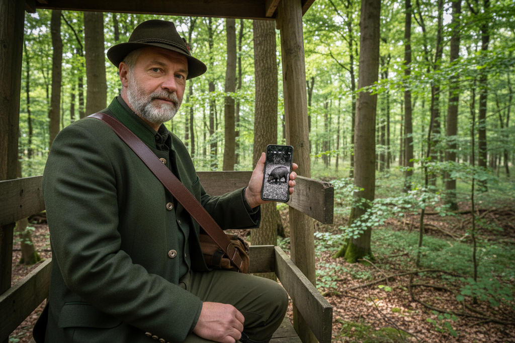 Jäger, Mittelalt, mit Bart, normales Aussehen, Grüne Lodenkleidung und Hut, Riemen über Schulter, auf Hochsitz im Wald. Smartphone in der Hand mit Bild von Wildschweinen in schwarz/weiß offensichtlich von Wildkameraaufnahme.